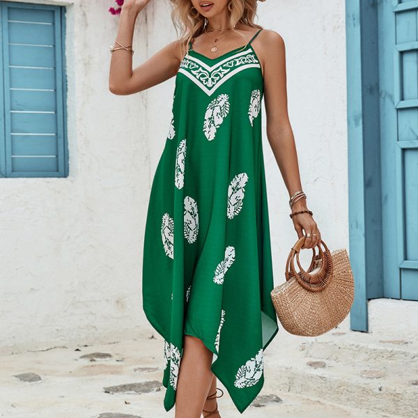 Summer Sleeveless Leaf Printed Retro Beach Evening Dress - Image 4