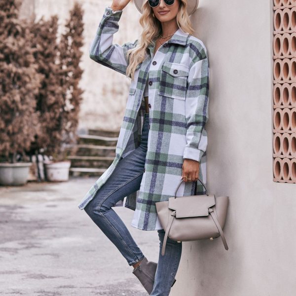 Women’s Autumn Winter Casual Flannel Plaid Shirt Long Coat - Image 2