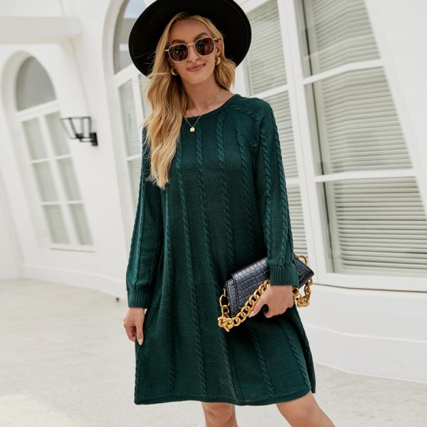 Fall Winter Solid Color Long Sweater Dress Round Neck Twisted Loose A-Line Knitted Dress