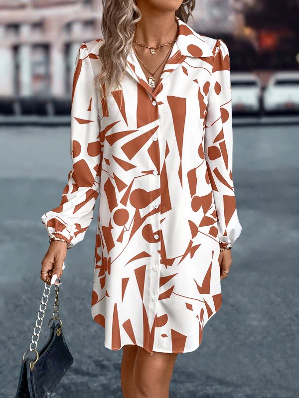 Autumn Winter Women’s Collared Lantern Sleeve Printed Dress - Image 2