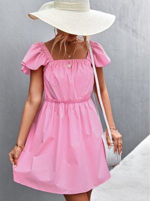 Spring Summer Solid Color Ruffle Sleeve Square Collar Short Dress