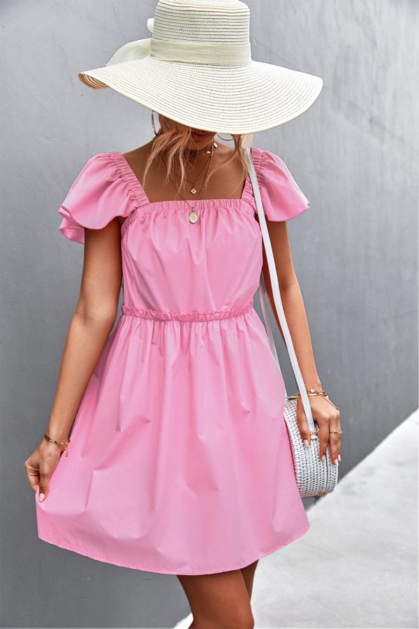 Spring Summer Solid Color Ruffle Sleeve Square Collar Short Dress