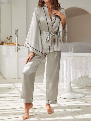 Spring Summer Long Sleeve Ice Silk Satin Chiffon Pajamas for Women