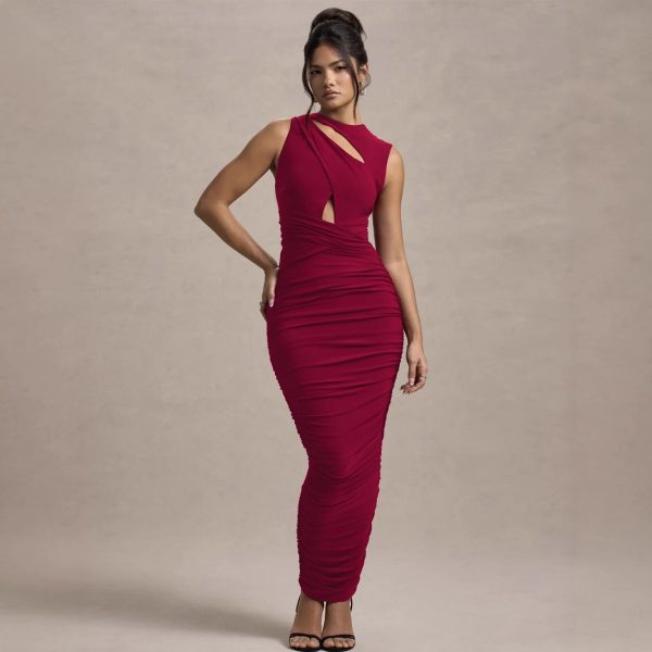 Elegant Pleated Slim Sleeveless Round Neck Sheath Dress for Autumn & Winter