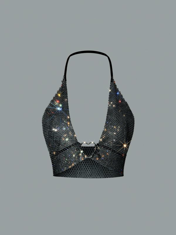 Sexy Fishnet Rhinestone Bandeau Sling Top - Image 2