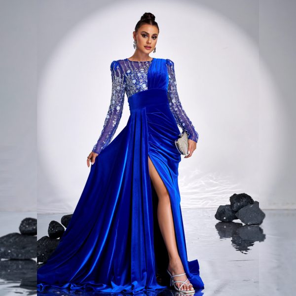 High-End Long Sleeve Crew Neck Sequin Heavy Work Cocktail Evening Dress - Image 2