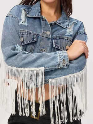 Personalized Street Style Short Tassel Ripped Denim Coat for Women