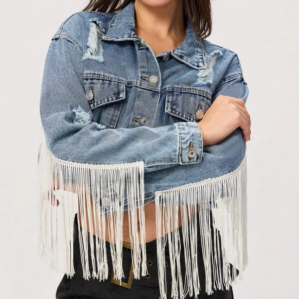 Personalized Street Style Short Tassel Ripped Denim Coat for Women