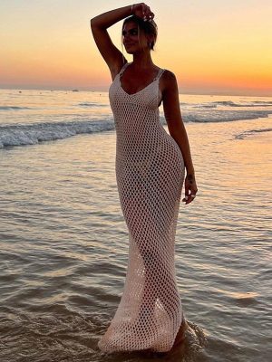 Solid Color Sexy Knitted Cutout Beach Dress for Women