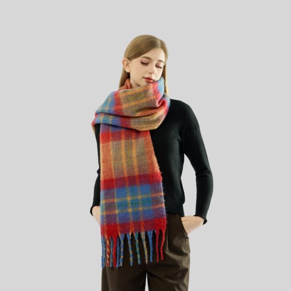 Rainbow Plaid Mohair Tassel Scarf for Women - Image 2