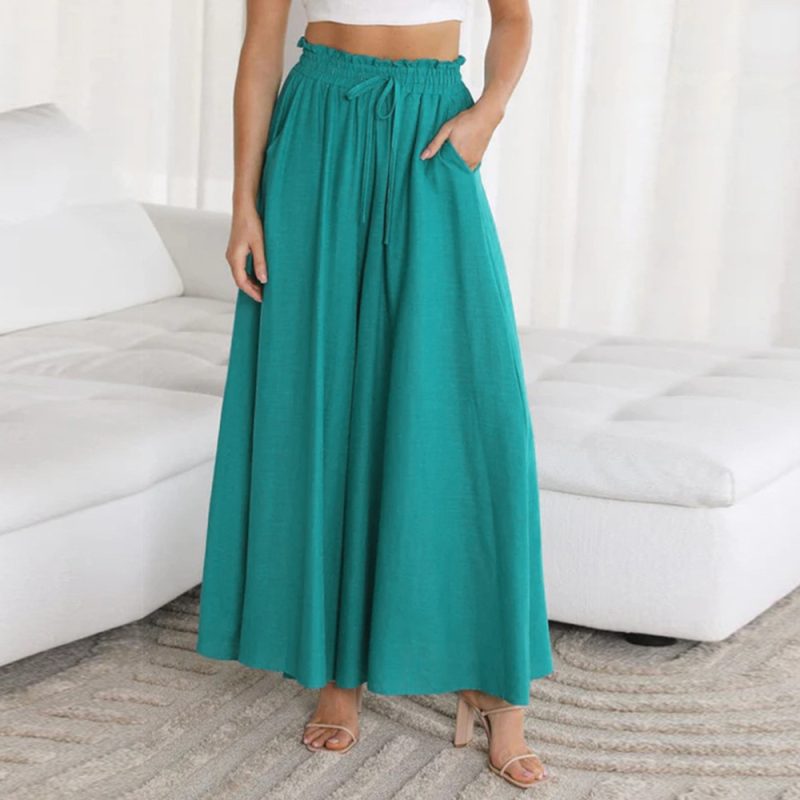 Summer Solid Color Elastic Waist Wide Leg Casual Pants
