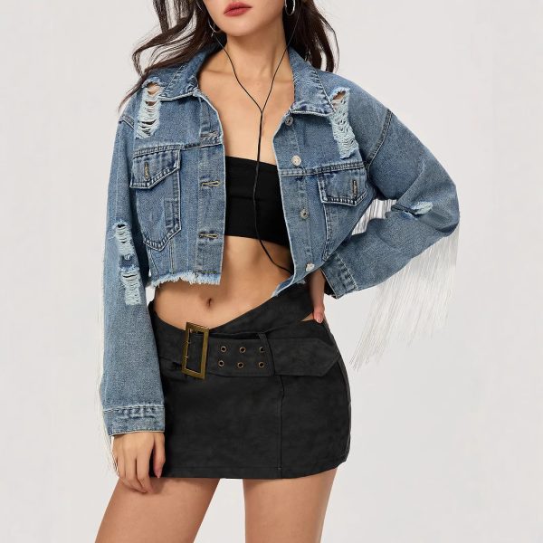 Personalized Street Style Short Tassel Ripped Denim Coat for Women - Image 3