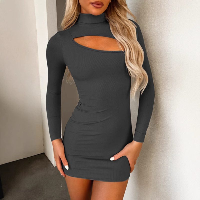 Sexy Round Neck Long Sleeve Skinny Dress - Image 2