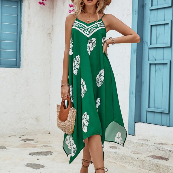 Summer Sleeveless Leaf Printed Retro Beach Evening Dress - Image 3