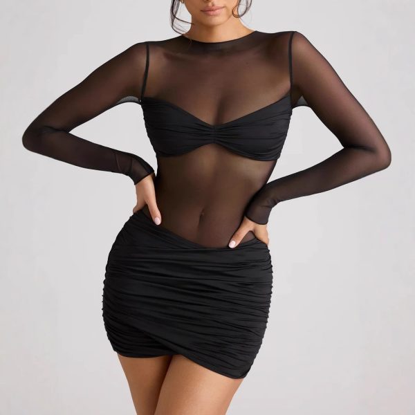 Sexy Mesh Splicing Pleated Long Sleeve Bodycon Dress