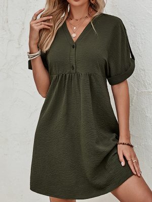 Elegant Summer V-Neck Solid Color Dress for Women