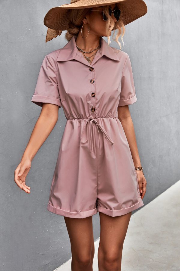 Spring Summer Shirt Collar Lace-Up Short Sleeve Romper for Women - Image 2