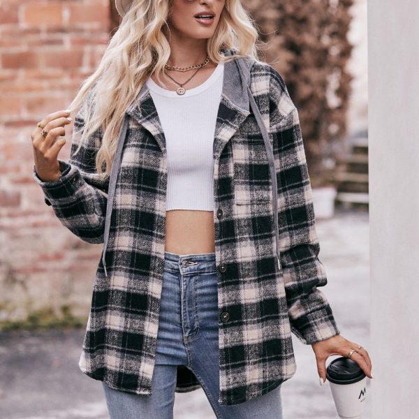 Women’s Autumn Winter Flannel Plaid Hooded Casual Shirt Coat - Image 2