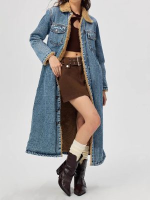 Women’s Loose Long Denim Coat with Velvet Lining and Cotton Padding