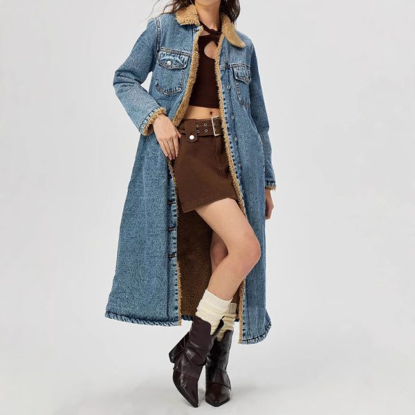 Women’s Loose Long Denim Coat with Velvet Lining and Cotton Padding