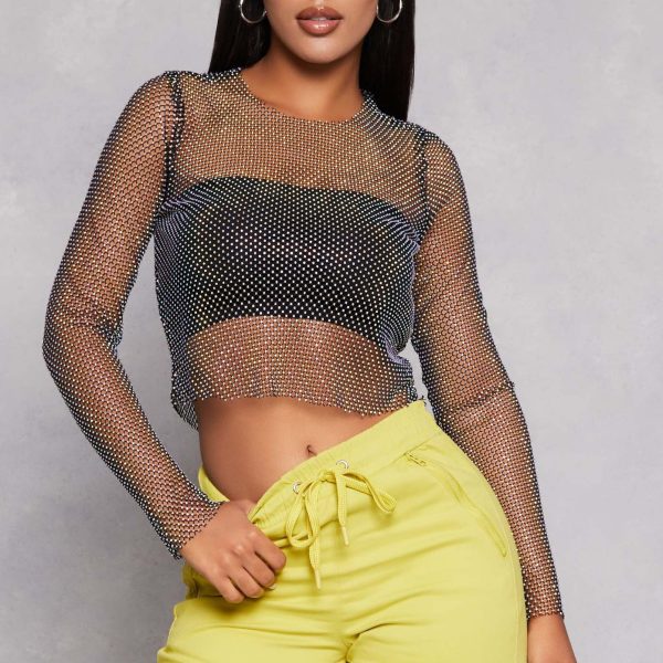 Stretch Mesh Drilled Long-Sleeve Party Top - Image 2