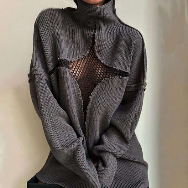 Hollow Out Cutout High Collar Knitted Sweater Pullover for Autumn Winter