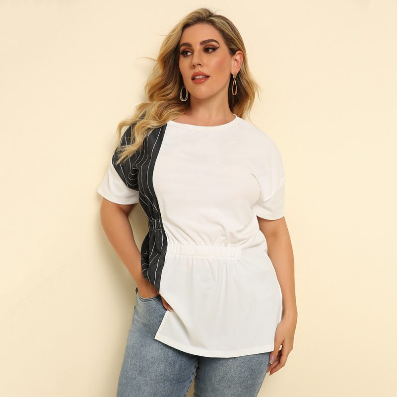 Plus Size Striped Asymmetric Hem Short-Sleeve T-Shirt - Image 3
