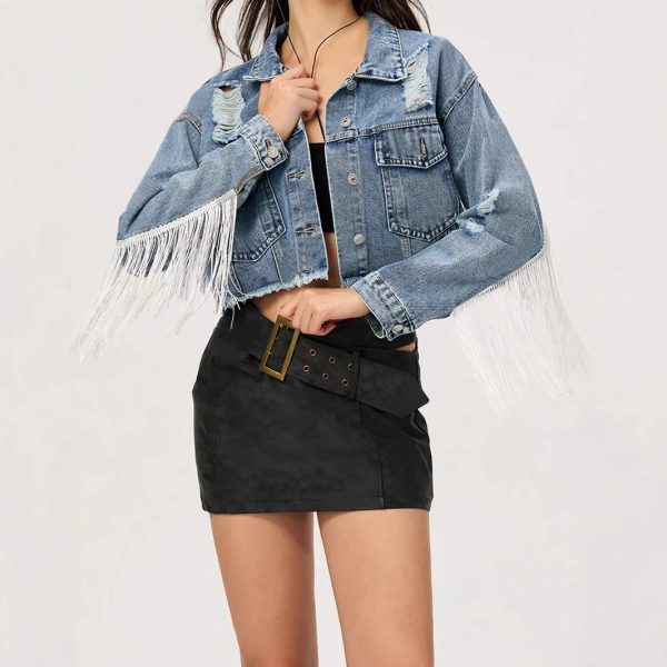 Personalized Street Style Short Tassel Ripped Denim Coat for Women - Image 2