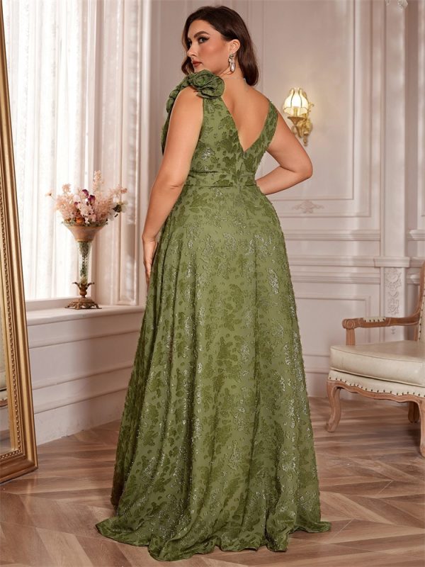 Women’s V-Neck Floor Length Green Evening Cocktail Party Dress - Image 3