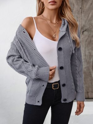 Hooded Drawstring Cable Knit Cardigan for Women