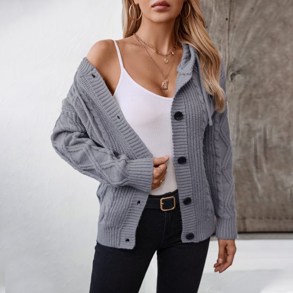 Hooded Drawstring Cable Knit Cardigan for Women