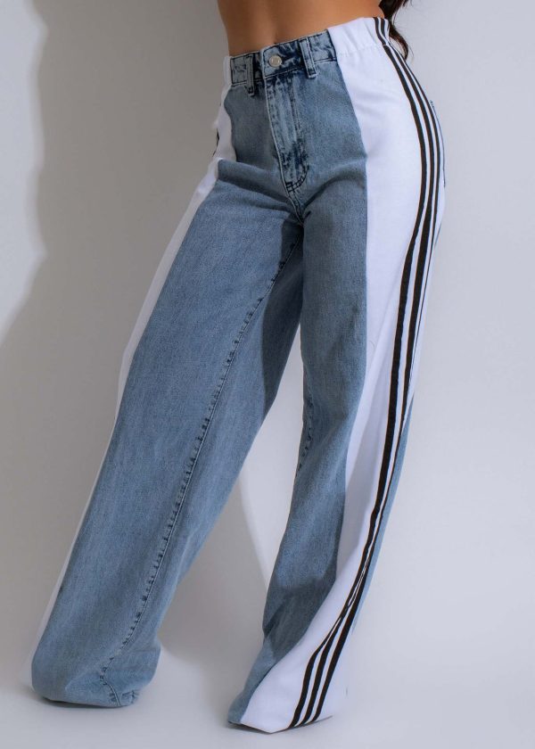 Ladies Loose Stitching Three Stripes Wide-Leg Casual Straight-Leg Denim Trousers - Image 4