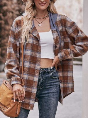 Women’s Autumn Winter Flannel Plaid Hooded Casual Shirt Coat