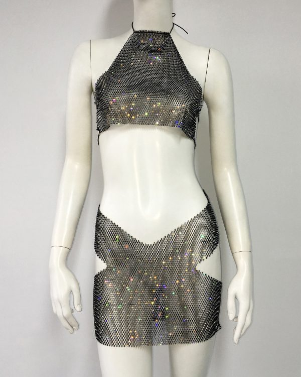 Fishnet Suit Skirt & Mesh Rhinestone Top Set - Image 3