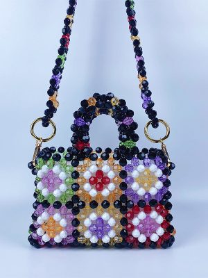 Handmade Plaid Beaded Pearl Crossbody Bag for Women