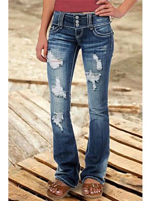 Retro Low-Waist Ripped Denim Hip-Hugger Jeans with Button Detail