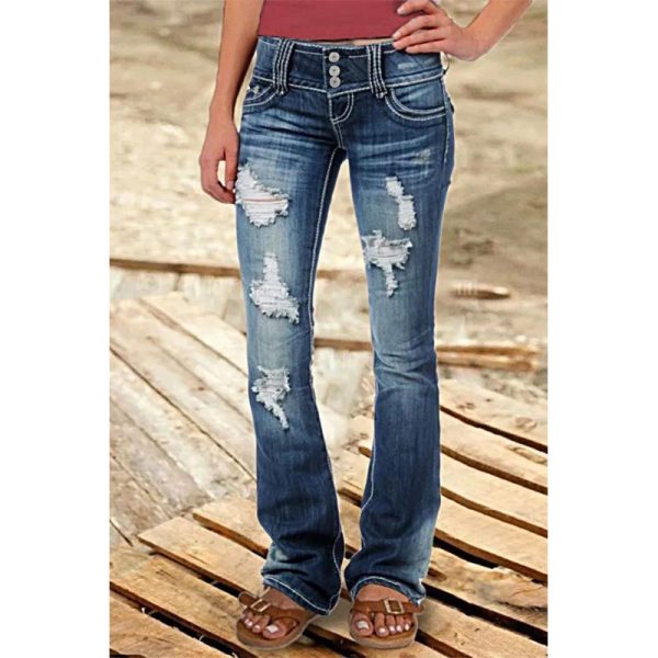 Retro Low-Waist Ripped Denim Hip-Hugger Jeans with Button Detail