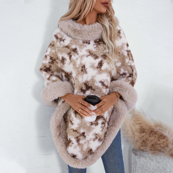 Fur Collar Leopard Print Knitted Cape Sweater for Women - Image 3