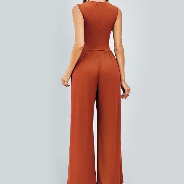 Women Solid Color High Waist Slim Fit Bodysuit Wide Leg Evening Dress - Image 4