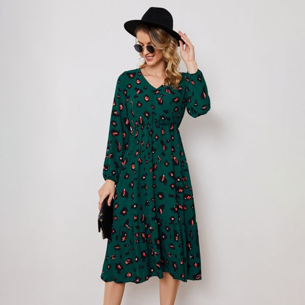 Holiday A-Line V-Neck Printed Long Sleeve Dress - Image 3