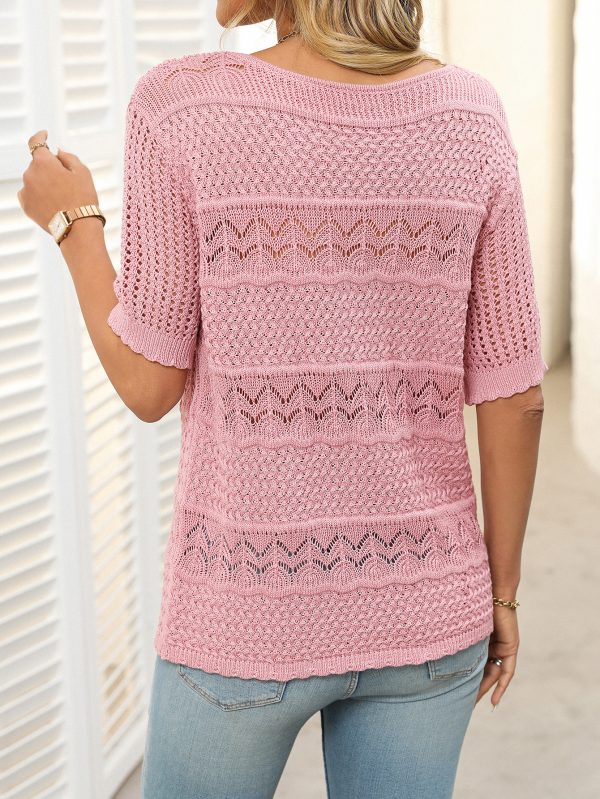 Women’s Round Neck Hollow-Out Knitted Crocheted Sweater Top with Short Sleeves - Image 4