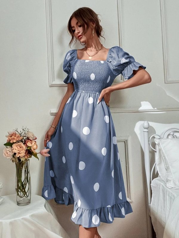 Dotted Print Puff Sleeve Frill Dress for Women - Image 2