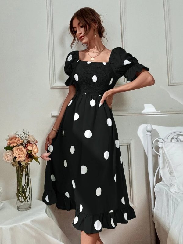 Dotted Print Puff Sleeve Frill Dress for Women - Image 3