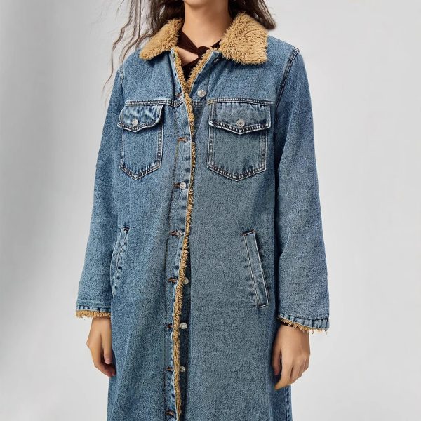 Women’s Loose Long Denim Coat with Velvet Lining and Cotton Padding - Image 4