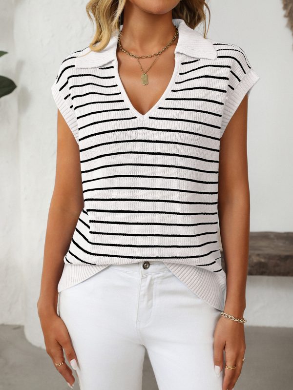 Women’s Summer V-Neck Casual Knitted Top with Striped Collared Sweater Design - Image 3