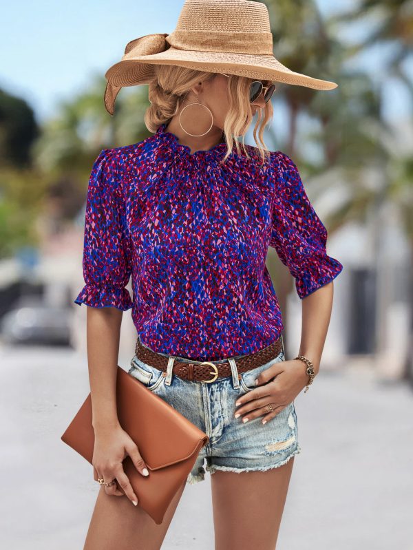 Popular Ruffled Collar Printed Short Sleeve Shirt Elegant - Image 2