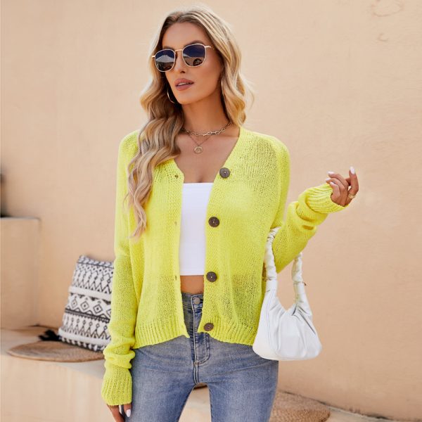 Spring Summer Casual Raglan Sleeve V Neck Fluorescent Powder Knitted Cardigan for Women - Image 3