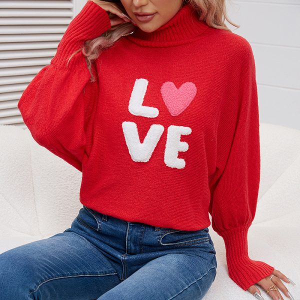 Valentine's Day Love Red Turtleneck Sweater Batwing Sleeve Loose Pullover Knitted Top - Image 4