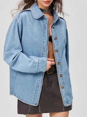 Street Style Polo Collar Long Sleeve Denim Shirt for Women