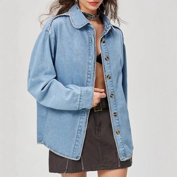 Street Style Polo Collar Long Sleeve Denim Shirt for Women